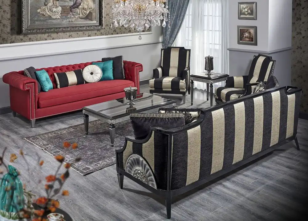 Casa Padrino ensemble de salon baroque de luxe rouge / noir / or / argent - 2 Canapés et 2 Fauteuils & 1 Table Basse et 1 Table d'Appoint - Meubles de Salon Baroques Sofort Bestellen