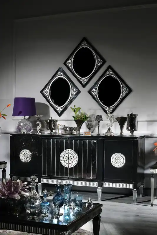 Preiswert Casa Padrino ensemble de salle de séjour baroque de luxe noir / argent - Buffet et 3 Miroirs - Meubles Baroques