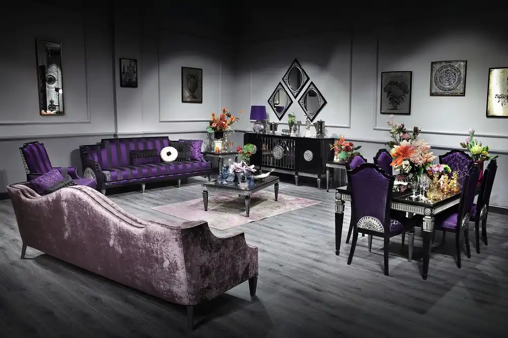 Casa Padrino ensemble de salle de séjour et salle à manger baroque de luxe violet / noir / argent - Meubles Baroques Solange Der Vorrat Reicht