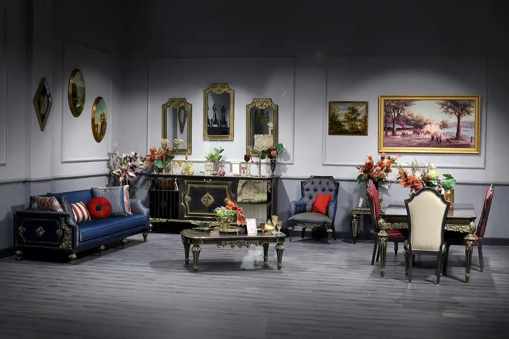 Casa Padrino ensemble de salle de séjour et salle à manger baroque de luxe bleu / noir / or - Meubles Baroques Bestpreis