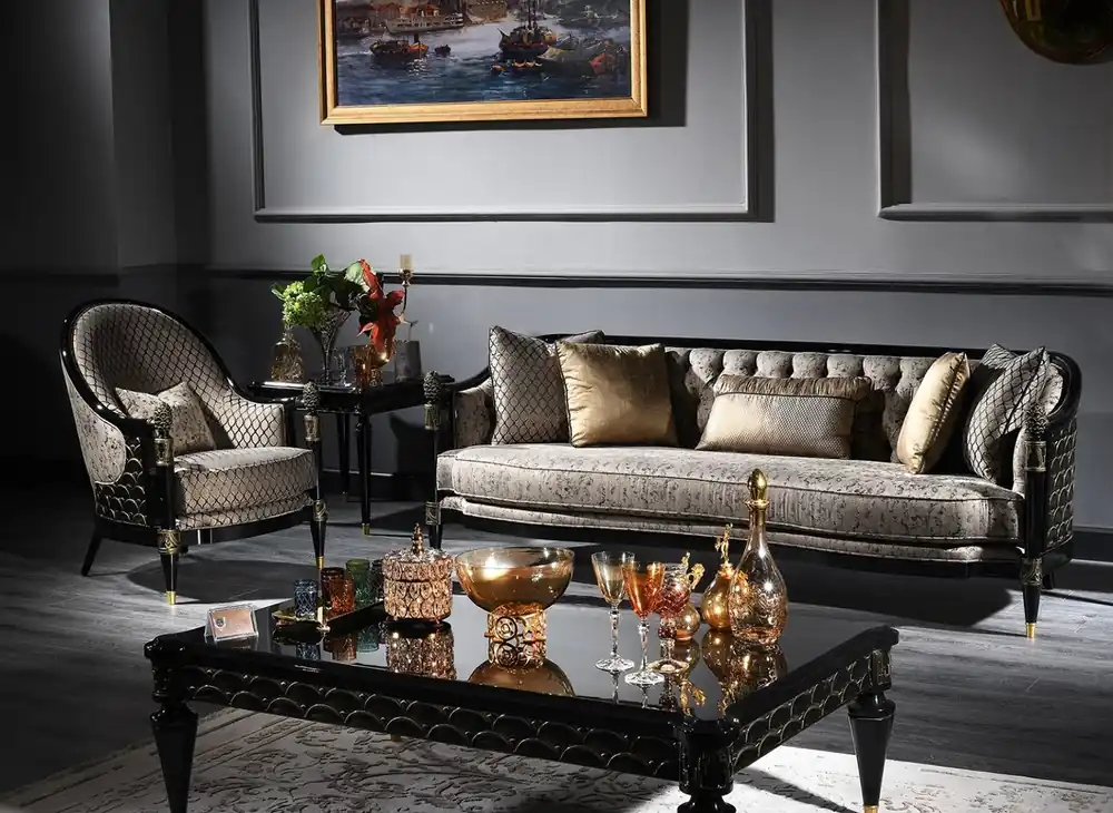 Casa Padrino ensemble de salle de séjour baroque de luxe argent gris / noir / or - 1 Canapé Chesterfield & 1 Fauteuil & 1 Table Basse & 1 Table d'Appoint - Meubles Baroques Preisreduziert