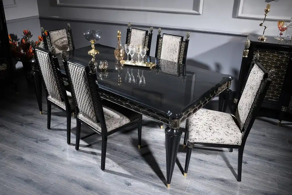 Casa Padrino ensemble de salle à manger baroque de luxe argent gris / noir / or - 1 Table à Manger et 6 Chaises de Salle à Manger - Mobilier de Salle à Manger en Style Baroque Solange Der Vorrat Reicht