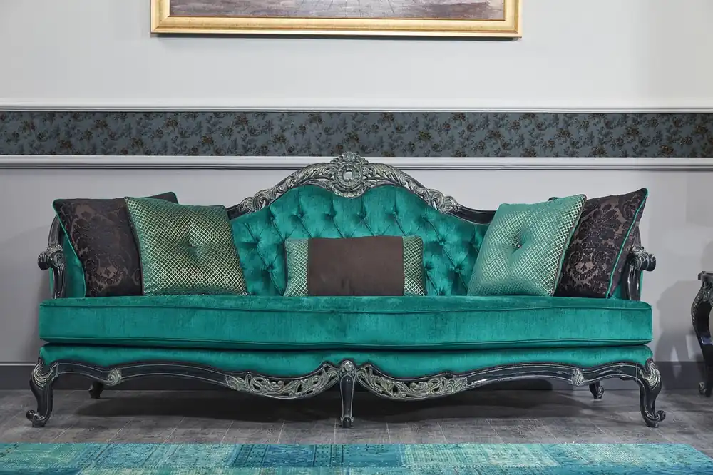 Casa Padrino Canapé Baroque de Luxe Chesterfield Vert / Noir / Or 240 x 88 x H. 105 cm - Mobilier de Salon de Style Baroque Echt