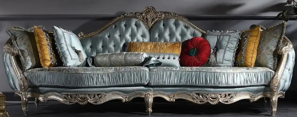 Casa Padrino Canapé Baroque de Luxe Turquoise / Argent / Or 310 x 99 x H. 113 cm - Somptueux Canapé Chesterfield de Style Baroque Ausverkauf