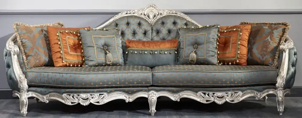 Casa Padrino Canapé Baroque de Luxe Turquoise Foncé / Or / Argent 310 x 99 x H. 113 cm - Somptueux Canapé Chesterfield de Style Baroque Meistverkauft