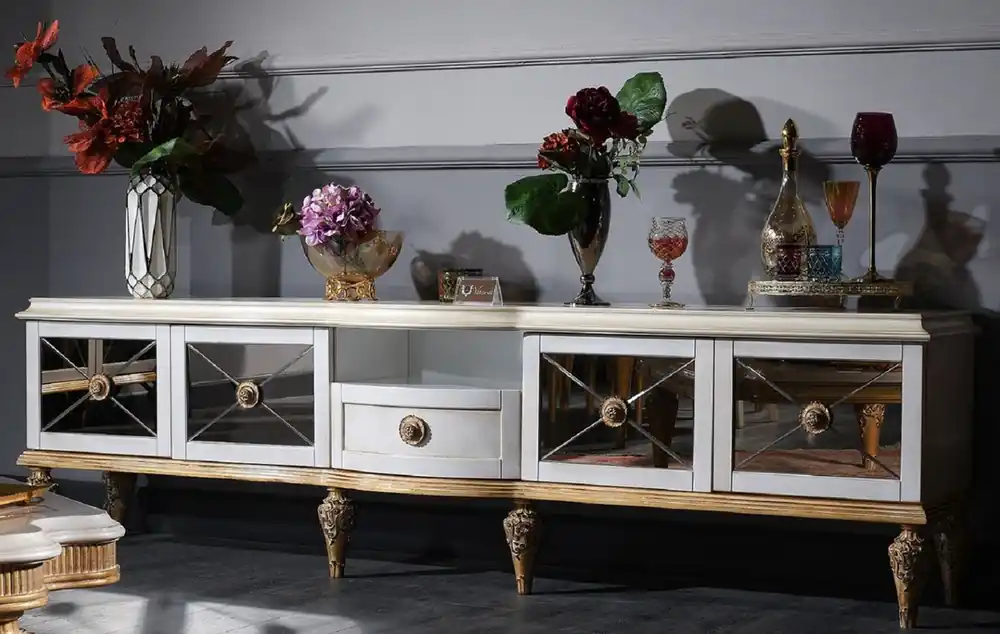 Angebot Casa Padrino cabinet de télévision baroque de luxe blanc / or 241 x 43 x H. 67 cm - Cabinet de Salón Baroque avec 4 Portes et Tiroir