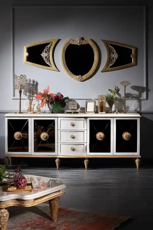 Casa Padrino ensemble de salle de séjour baroque de luxe blanc / or - Commode Baroque et 3 Miroirs Mural - Mobilier Baroque Neu Im Sortiment