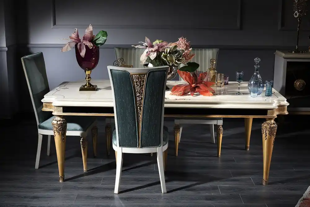 Casa Padrino ensemble de salle à manger baroque de luxe turquoise / blanc / or - 1 Table à Manger et 4 Chaises de Salle à Manger - Mobilier de Salle à Manger Baroque Neu