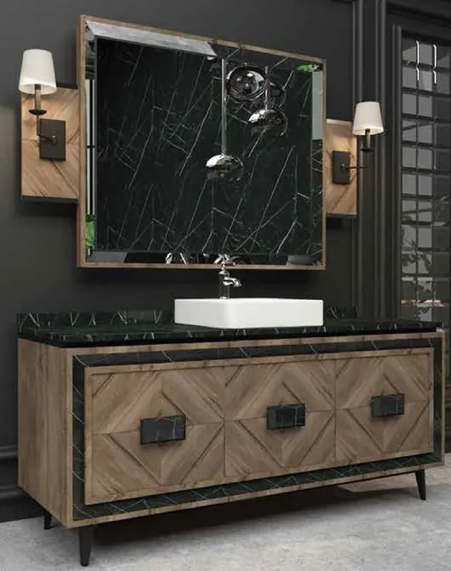 Zertifiziert Casa Padrino Ensemble de Salle de Bain de Luxe Marron / Noir / Blanc - 1 Table de Lavage avec 3 Portes et 1 Lavabo et 1 Miroir Mural - Mobilier de Salle de Bain de Luxe