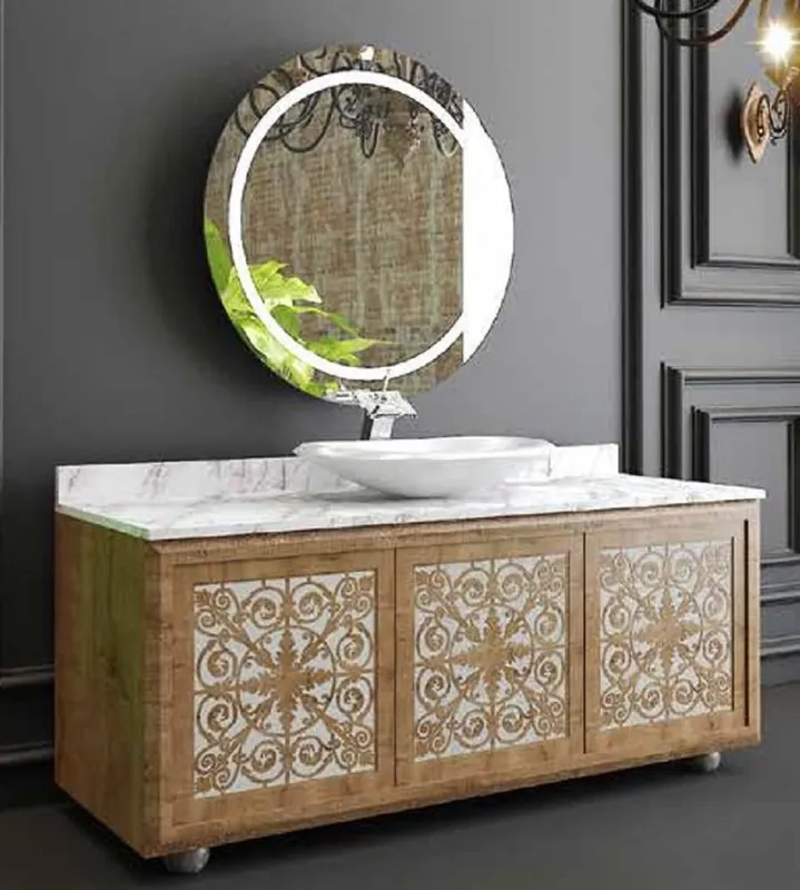 Casa Padrino Ensemble de Salle de Bain de Luxe Naturel / Blanc - Table de Lavage avec 3 Portes et 1 Lavabo et 1 Miroir Mural - Meuble de Salle de Bain - Qualité de Luxe Bestseller