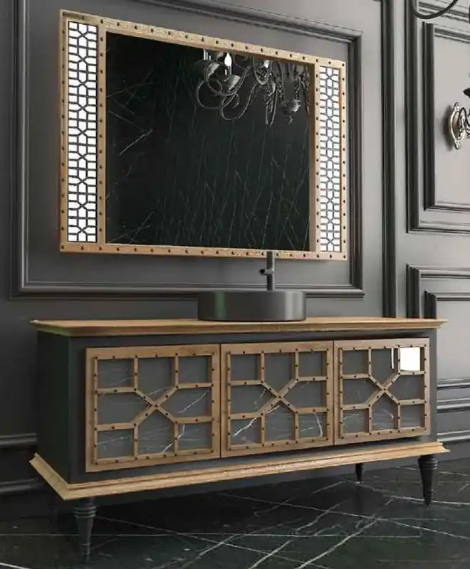 Beliebt Casa Padrino Ensemble de Salle de Bain de Luxe Naturel / Noir - 1 Table de Lavage avec 3 Portes et 1 Lavabo et 1 Miroir Mural - Qualité de Luxe
