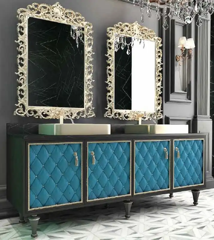 Casa Padrino Ensemble de Salle de Bain Baroque de Luxe Noir / Bleu / Or - 1 Table de Lavage avec 4 Portes et 2 Lavabos et 2 Miroirs Mural - Mobilier de Salle de Bain Somptueux Neu