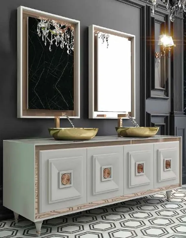 Casa Padrino Ensemble de Salle de Bain de Luxe Blanc / Bronze / Or - 1 Table de Lavage avec 4 Portes et 2 Lavabos et 2 Miroirs Mural - Mobilier de Salle de Bain de Luxe Geprüft