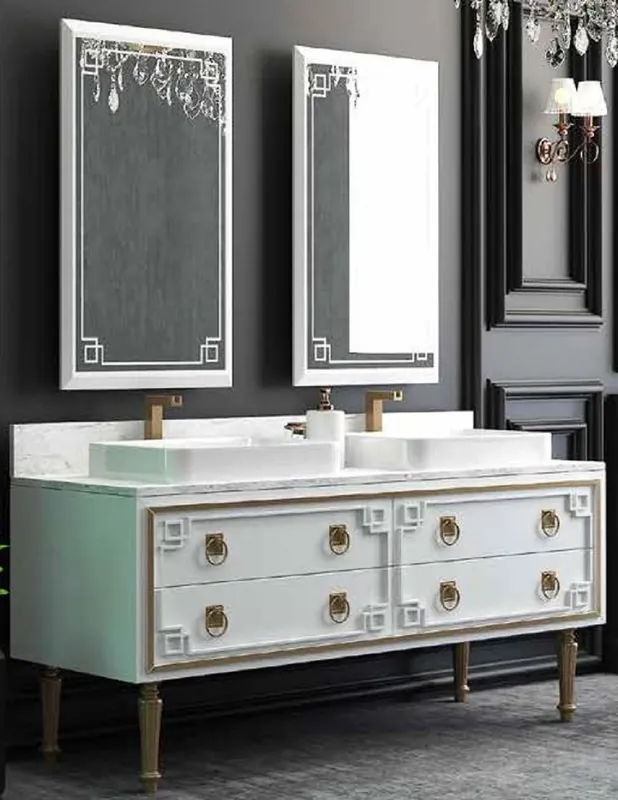 Aktuell Casa Padrino Ensemble de Salle de Bain de Luxe Blanc / Or - 1 Table de Lavage avec 4 Tiroirs et 2 Lavabos et 2 Miroirs Mural - Mobilier de Salle de Bain de Luxe
