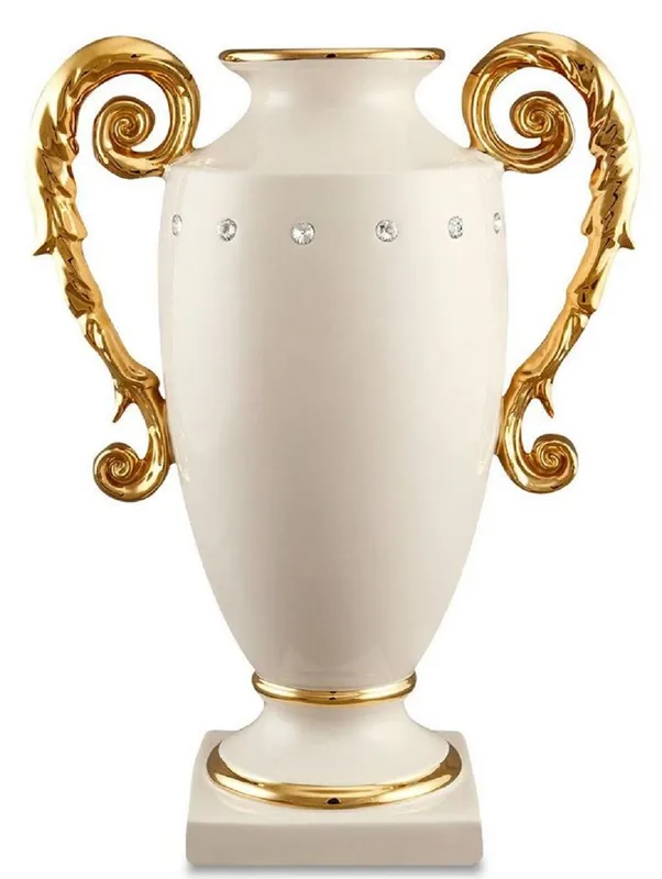 Highlight Casa Padrino Vase Baroque Ivoire / Or 28 x 18 x H. 36 cm - Somptueux Vase à Fleurs en Céramique Fabriqué à la Main et Peinte à la Main avec Verre en Cristal Swarovski