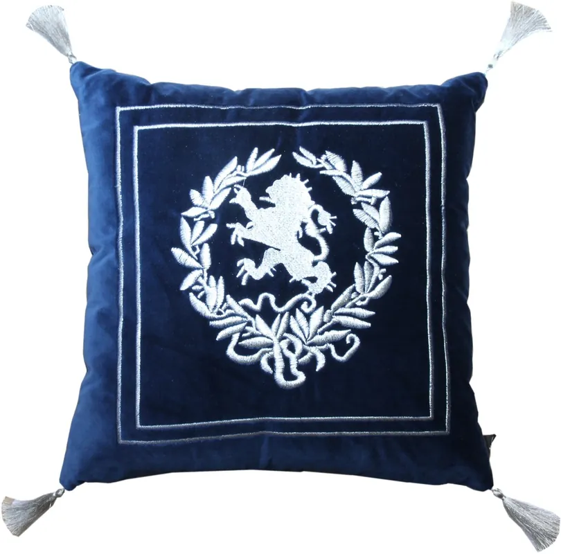 Armoire de coussin décorative de luxe Casa Padrino bleu foncé / argenté avec pompons 45 x 45 cm - Velours fin - Luxus Wohndeko Sichere Zahlung