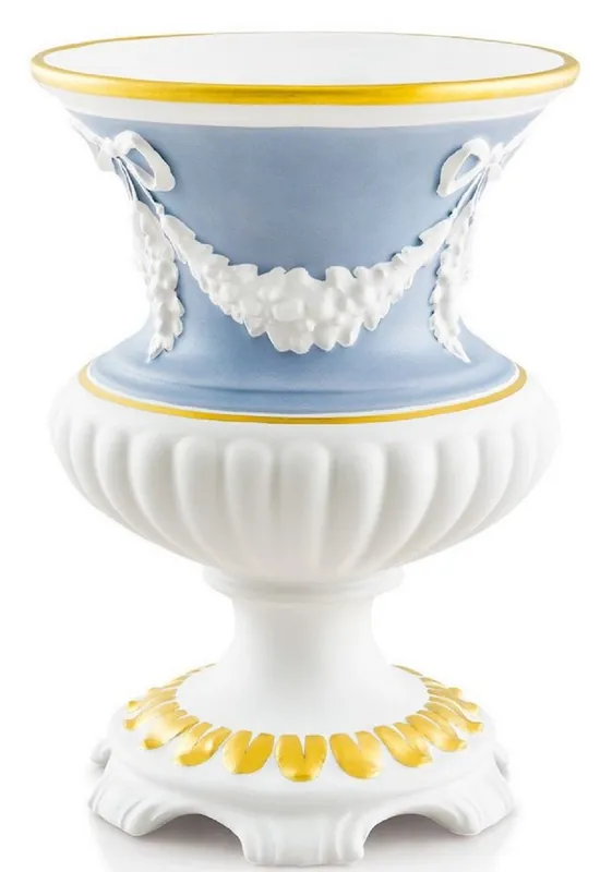Günstig Casa Padrino Vase Baroque Blanc / Bleu Clair / Or Ø 21 x H. 29 cm - Vase à Fleurs Rond En Céramique - Déco de Style Baroque
