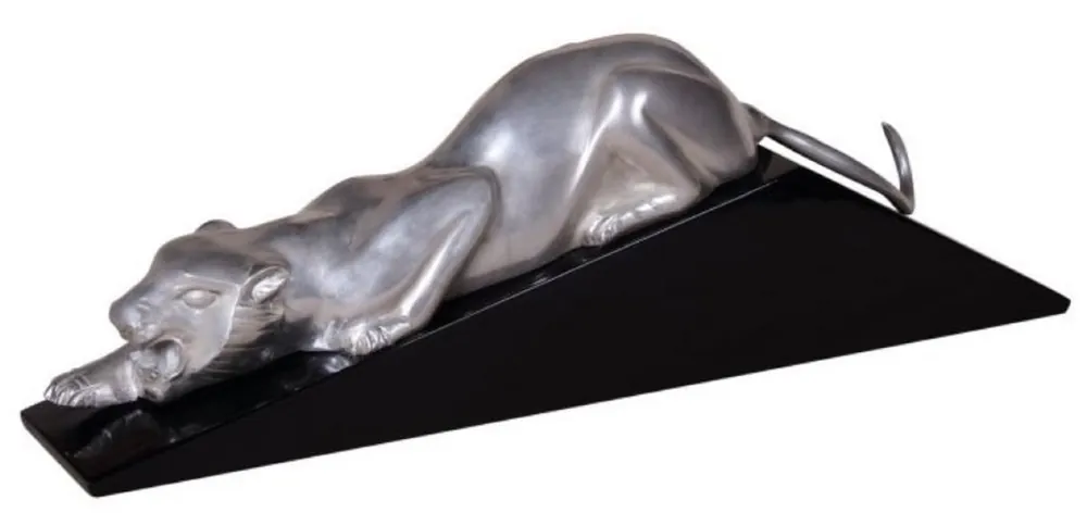 Casa Padrino figure de décoration de luxe couguar argent / noir 60 x 11 x H. 20 cm - Figure en Laiton Élégante avec Socle en Bois - Sculpture Déco Top-Preis