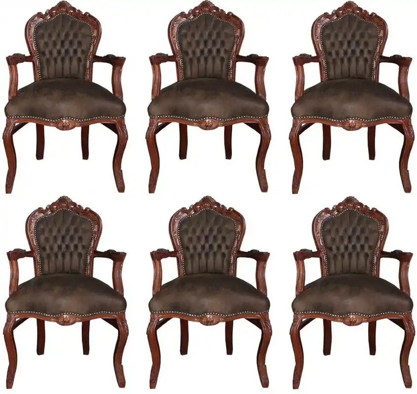 Knallerangebot Casa Padrino Ensemble Chaises de Salle à Manger Baroque Marron / Marron Aspect Cuir 53 x 57 x H. 108 cm - 6 Chaises de Salle à Manger Faites à la Main avec Accoudoirs - Mobilier Baroque