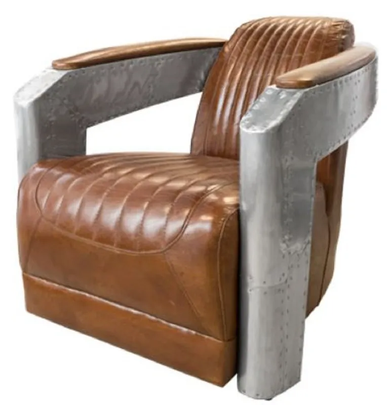 Casa Padrino Fauteuil Art Déco en Aluminium et Cuir Véritable Marron / Argent 74,5 x 94 x H. 78 cm - Fauteuil Club - Fauteuil Lounge - Avion Aviator Meubles Neuheit