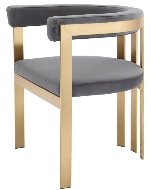 Abverkauf Casa Padrino Chaise de Salle à Manger de Luxe avec Accoudoirs Gris / Laiton 61 x 56 x H. 73 cm - Chaise de Cuisine en Acier Inoxydable avec Tissu Fin Velours - Meubles de Cuisine de Luxe