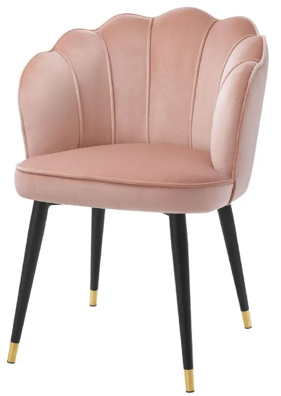 Highlight Casa Padrino chaise de salle à manger de luxe en velours avec accoudoirs rose / noir / or 60 x 63 x H. 83 cm - Chaise de Cuisine Design Coquillage