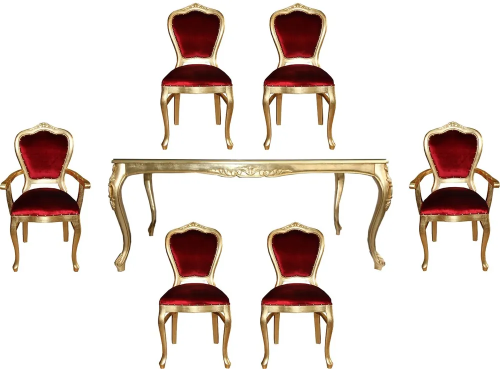 Casa Padrino Ensemble de Salle à Manger Baroque de Luxe Bordeaux Rouge / Or - 1 Table à Manger avec Plateau en Verre et 6 Chaises - Mobilier de Salle à Manger Baroque - Fabriqué en Italie - Collection de Luxe Super-Preis