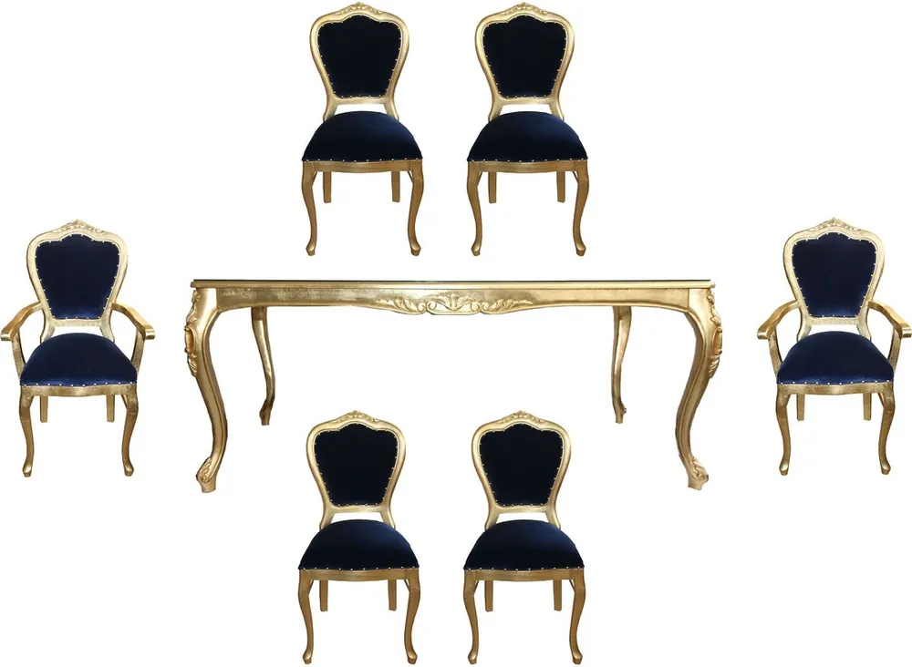 Direkt Vom Hersteller Casa Padrino Ensemble de Salle à Manger Baroque de Luxe Bleu Royal / Or - 1 Table à Manger avec Plateau en Verre et 6 Chaises - Mobilier de Salle à Manger Baroque - Fabriqué en Italie - Collection de Luxe