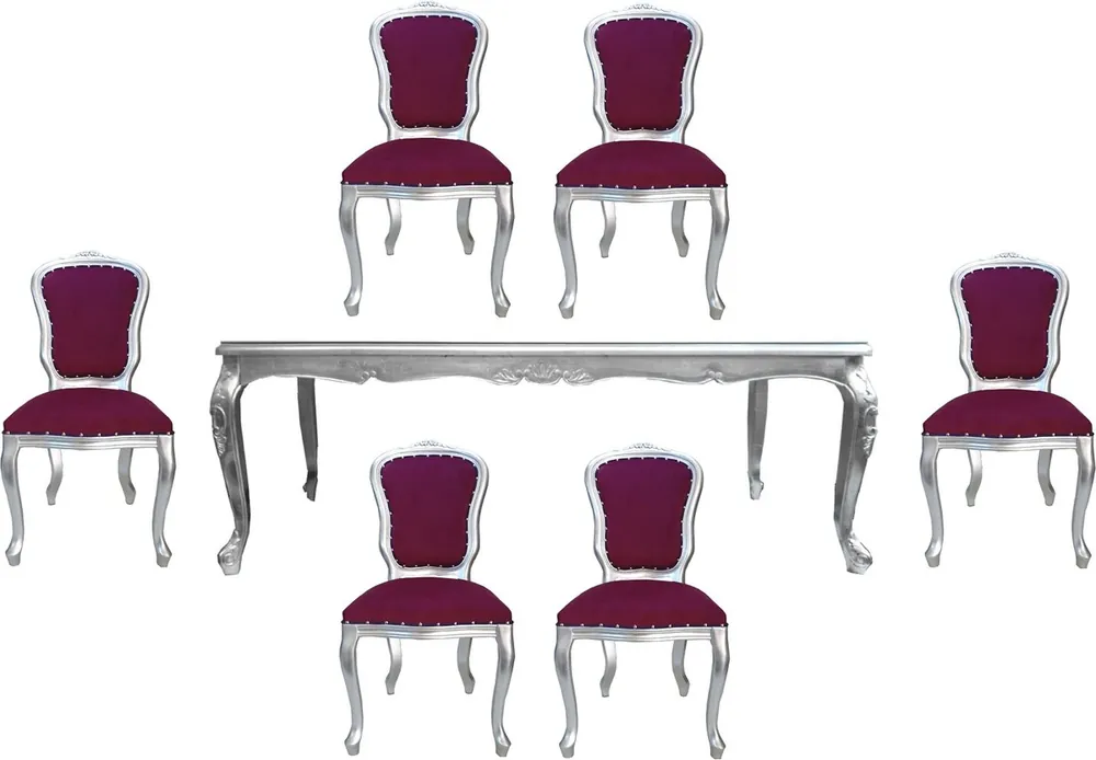 Saisonangebot Casa Padrino Ensemble de Salle à Manger Baroque de Luxe Pourpre / Argent - 1 Table à Manger avec Plateau en Verre et 6 Chaises de Salle à Manger - Fabriquée en Italie - Collection de Luxe