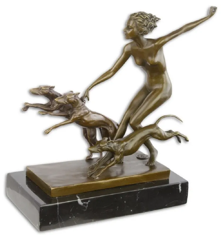 Casa Padrino sculpture en bronze de luxe femme avec 3 chiens bronze / or / noir 21,8 x 10,8 x H. 22,9 cm - Figurine en Bronze avec Base en Marbre - Figurine Déco Online Kaufen