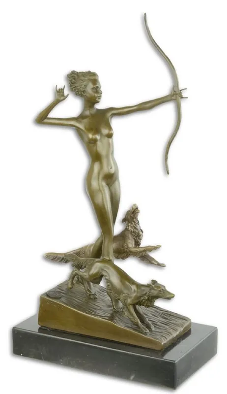 Neuheit Casa Padrino sculpture en bronze de luxe femme avec arc et chiens bronze / or / noir 18,3 x 10,3 x H. 34,5 cm - Figurine en Bronze avec Base en Marbre - Figurine Déco