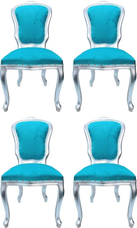Casa Padrino Ensemble de Salle à Manger Baroque De Luxe Louis Turquoise / Argent 50 x 60 x H. 104 cm - 4 Chaises Faites à la Main - Meubles de Salle à Manger Baroques - Fabriquées en Italie Aktuell