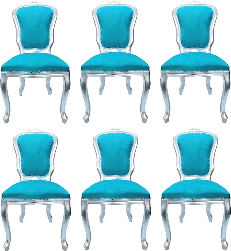 Casa Padrino Ensemble de Salle à Manger Baroque De Luxe Louis Turquoise / Argent 50 x 60 x H. 104 cm - 6 Chaises Faites à la Main - Meubles de Salle à Manger Baroques - Fabriquées en Italie Begrenztes Angebot