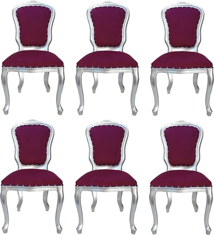Begrenztes Angebot Casa Padrino Ensemble de Salle à Manger Baroque De Luxe Louis Pourpre / Argent 50 x 60 x H. 104 cm - 6 Chaises Faites à la Main - Meubles de Salle à Manger Baroques - Fabriquées en Italie