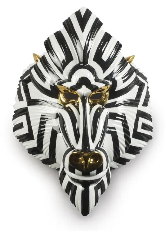 Nur Für Kurze Zeit Casa Padrino masque de décoration en porcelaine de luxe singe babouin noir / blanc / or 31 x 14 x H. 44 cm - Décoration Murale Moderne Fait Main - Qualité de Première Classe - Fabriqué en Espagne