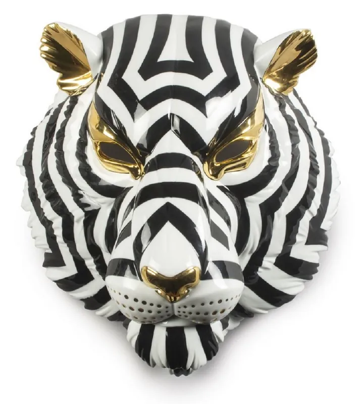 Casa Padrino masque de décoration en porcelaine de luxe tigre noir / blanc / or 30 x 23 x H. 38 cm - Décoration Murale Moderne Fait Main - Qualité de Première Classe - Fabriqué en Espagne Must-Have