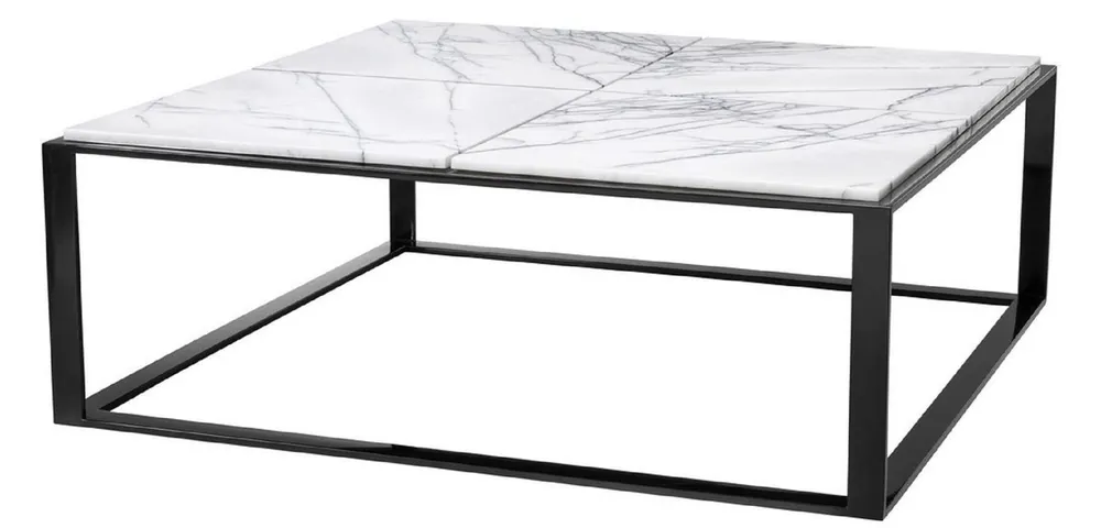 Casa Padrino table basse de luxe noir brillant / blanc-pourpre 100 x 100 x H. 35 cm - Table de Salon en Acero Inoxidable con Encimera de Mármol - Muebles de Salón de Lujo Preisknaller