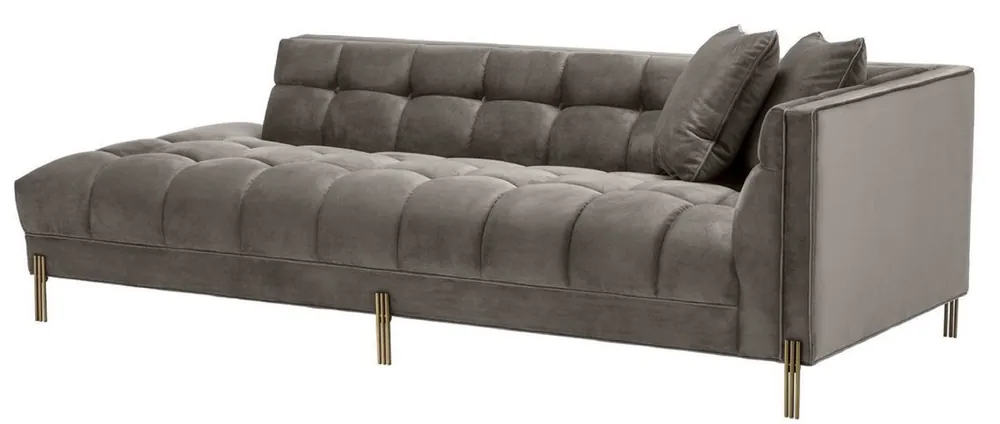 Top-Seller Casa Padrino canapé lounge de luxe gris - greige / laiton 223 x 95 x H. 68 cm - Canapé de Salon Côté Droit avec Velours Fin et 2 Oreillers