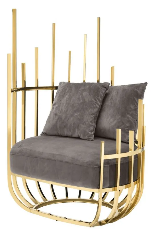 Jetzt Kaufen Casa Padrino fauteuil design côté gauche avec 2 coussins gris / or 91,5 x 75 x H. 136,5 cm - Mobilier de Salon Design - Qualité de Luxe