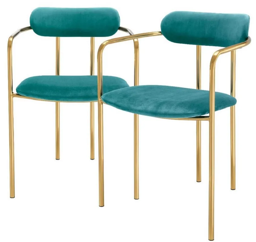 Online Kaufen Casa Padrino chaises de salle à manger de luxe avec accoudoirs turquoise / or 53 x 50 x H. 74 cm - Chaises de Cuisine avec Velours Fin - Ensemble de Salle à Manger - Mobilier de Salle à Manger