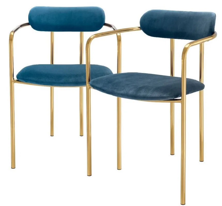 Angebot Casa Padrino chaises de salle à manger de luxe avec accoudoirs bleu / or 53 x 50 x H. 74 cm - Chaises de Cuisine avec Velours Fin - Ensemble de Salle à Manger - Mobilier de Salle à Manger