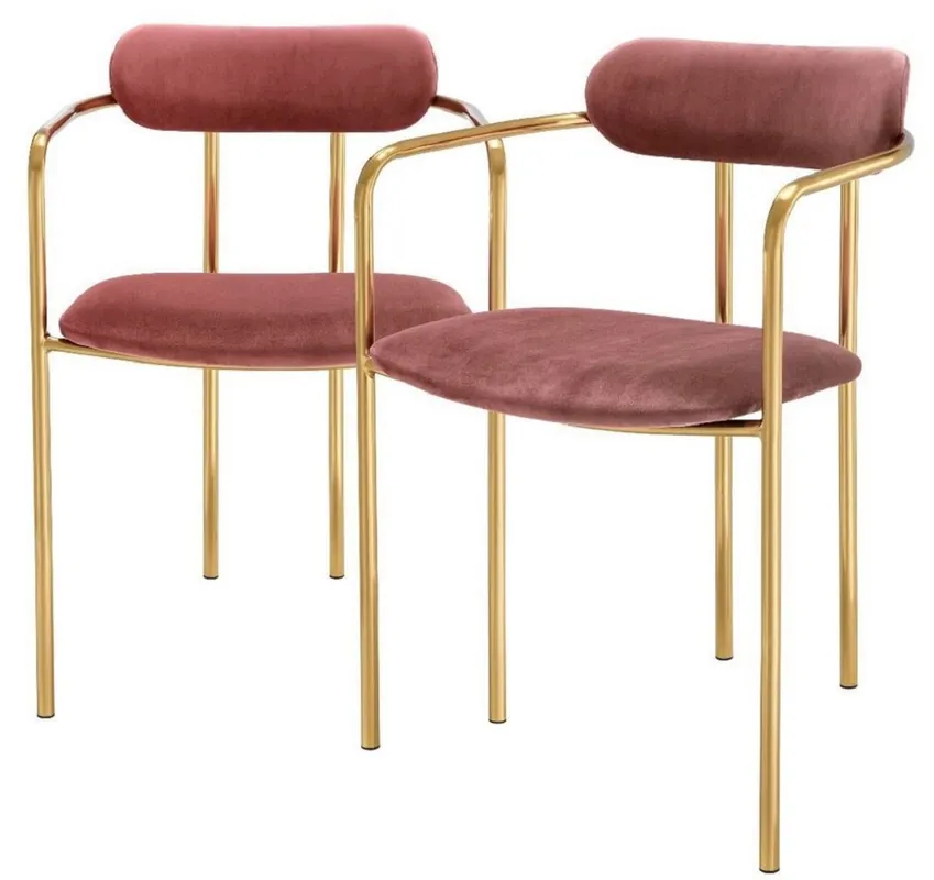Garantierte Lieferung Casa Padrino chaises de salle à manger de luxe avec accoudoirs rose / or 53 x 50 x H. 74 cm - Chaises de Cuisine avec Velours Fin - Ensemble de Salle à Manger - Mobilier de Salle à Manger