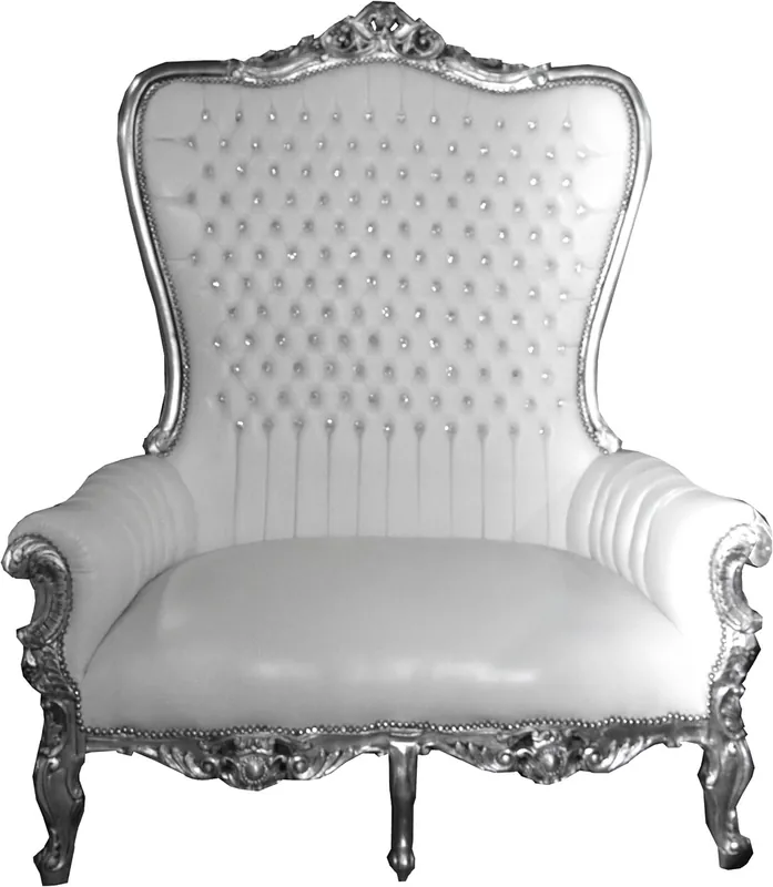 Fauteuil Double Trône Baroque Casa Padrino Majestic Blanc / Argent avec Strass Bling Bling - Fauteuil Géant - Fauteuil Trone, canapé Tron Bestseller