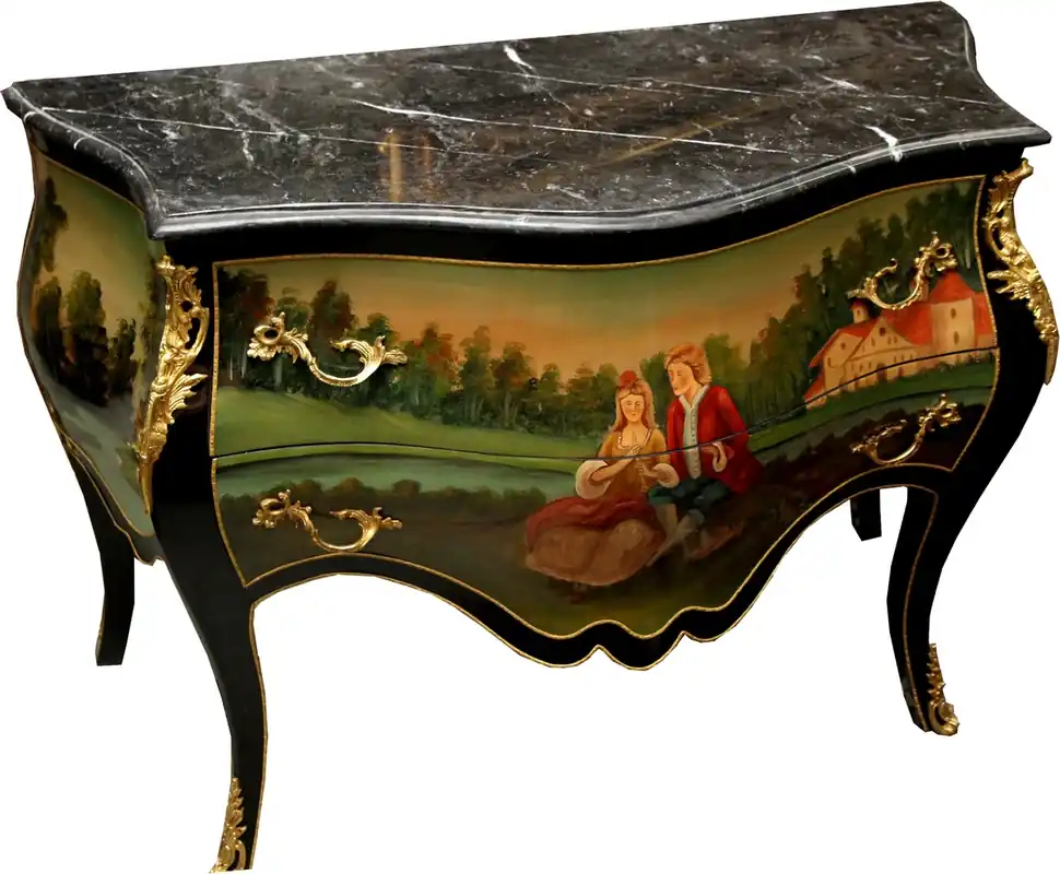 Direktkauf Casa Padrino Commode baroque noire avec motif peint à la main / applications en métal doré 130 cm et dessus en marbre