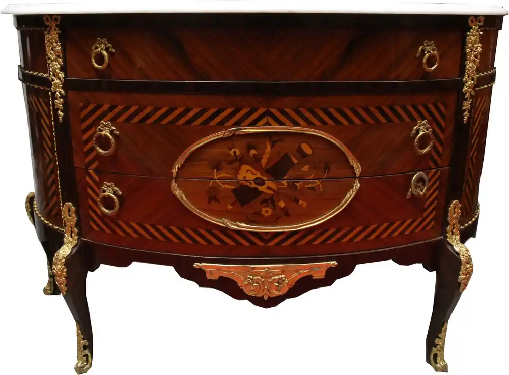 Schnäppchen Commode de style antique française marquetée avec plateau en marbre blanc - Meubles baroques