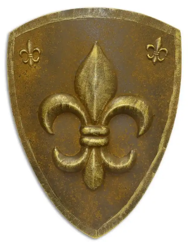 Zertifiziert Casa Padrino bouclier de chevalier en fer avec lis français or antique / rouille 54 x H. 71 cm - Décoration Médiévale - Décoration Murale