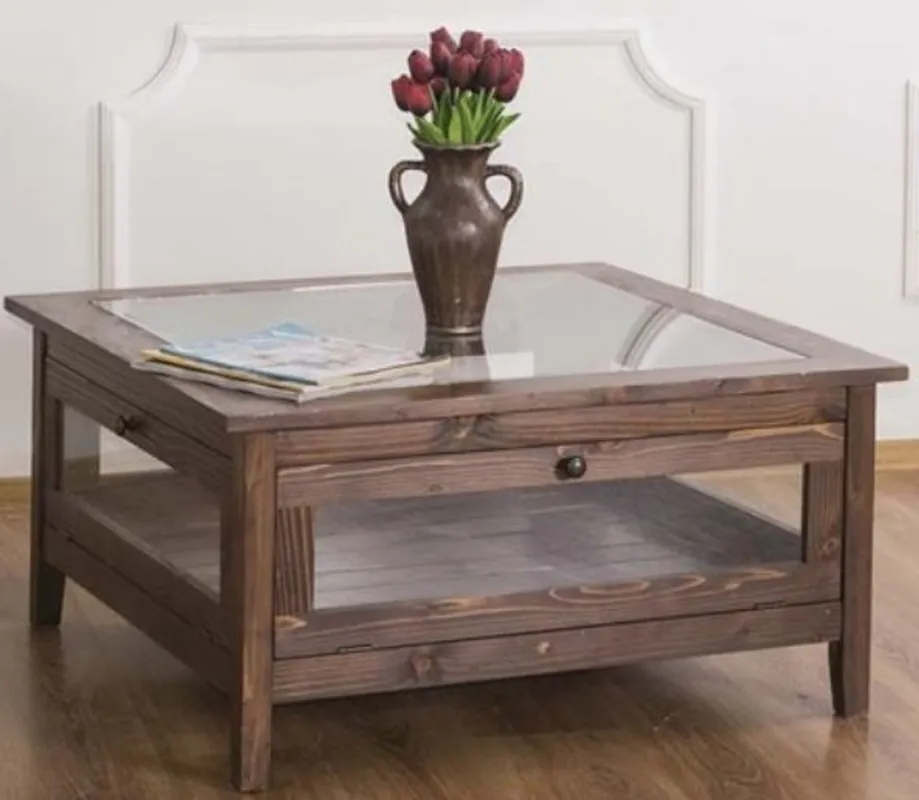 Sale Casa Padrino table basse de style campagnard avec plateau en verre marron 90 x 90 x H. 45 cm - Table de Salon en Bois Massif - Meubles de Salon de Style Campagnard