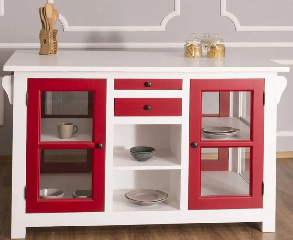 Casa Padrino ilot de cuisine campagnard blanc / rouge 150 x 90 x H. 90 cm - Meuble de cuisine en bois massif avec 4 portes en verre et 4 tiroirs - Meuble de Cuisine de Style Campagnard Garantierte Lieferung