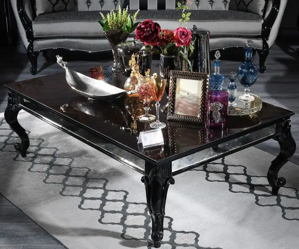 Casa Padrino table basse baroque de luxe noir / marron 140 x 90 x H. 46 cm - Table basse élégante en bois massif avec plateau en verre et miroir - Qualité de Luxe - Fabriquée en Italie Rabatt