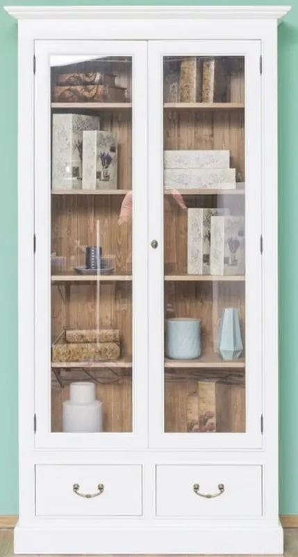 Nur Heute Casa Padrino cabinet à livres de style campagnard blanc / marron 109 x 39 x H. 210 cm - Cabinet de salon avec 2 portes en verre et 2 tiroirs - Meubles de Style Campagnard